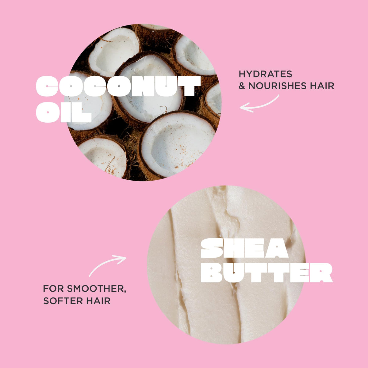 Cake Beauty ingredients display with shea and coconut, emphasizes natural nourishing blend