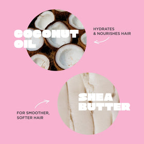 Cake Beauty ingredients display with shea and coconut, emphasizes natural nourishing blend