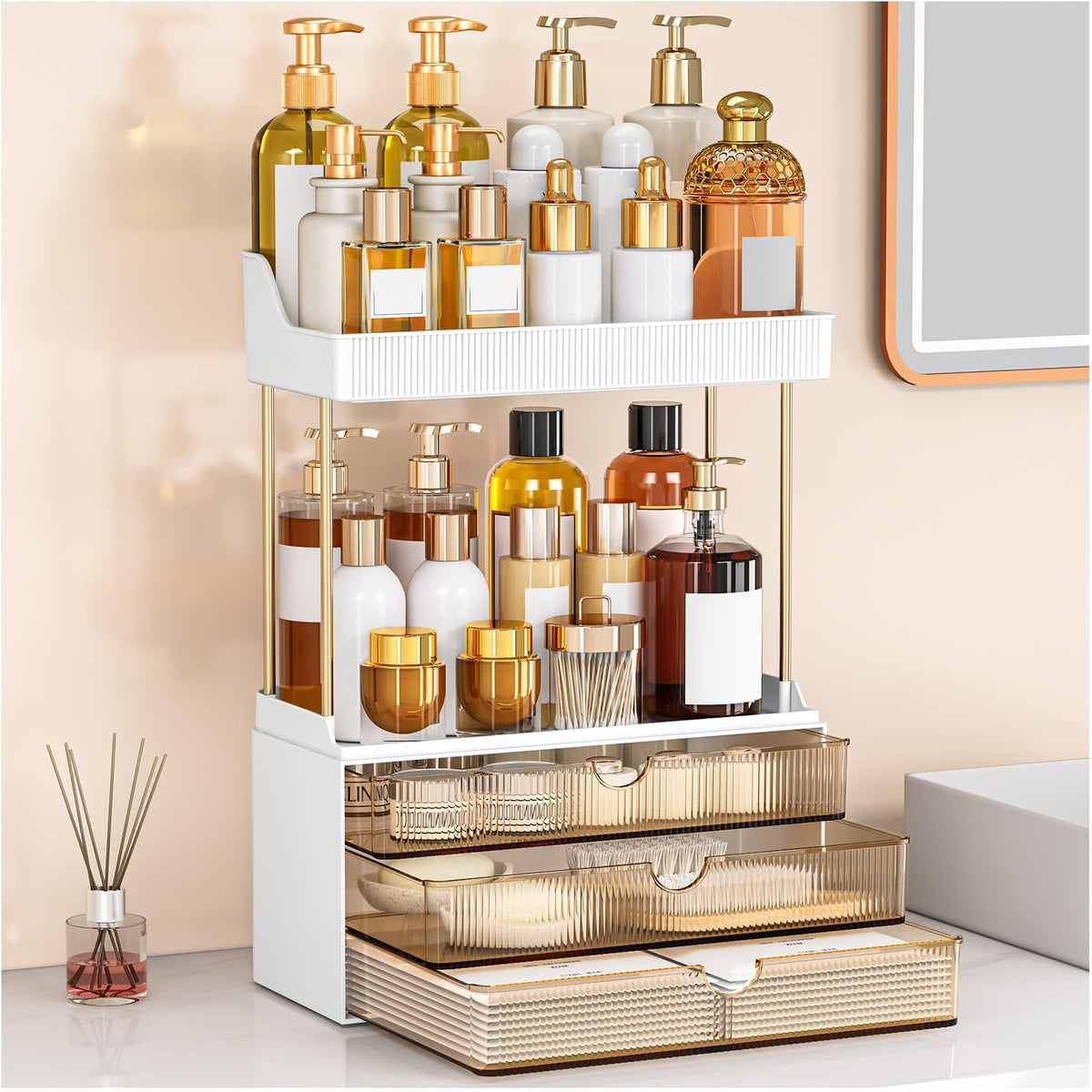 caktraie front view of amber organizer showing clean display and versatile storage