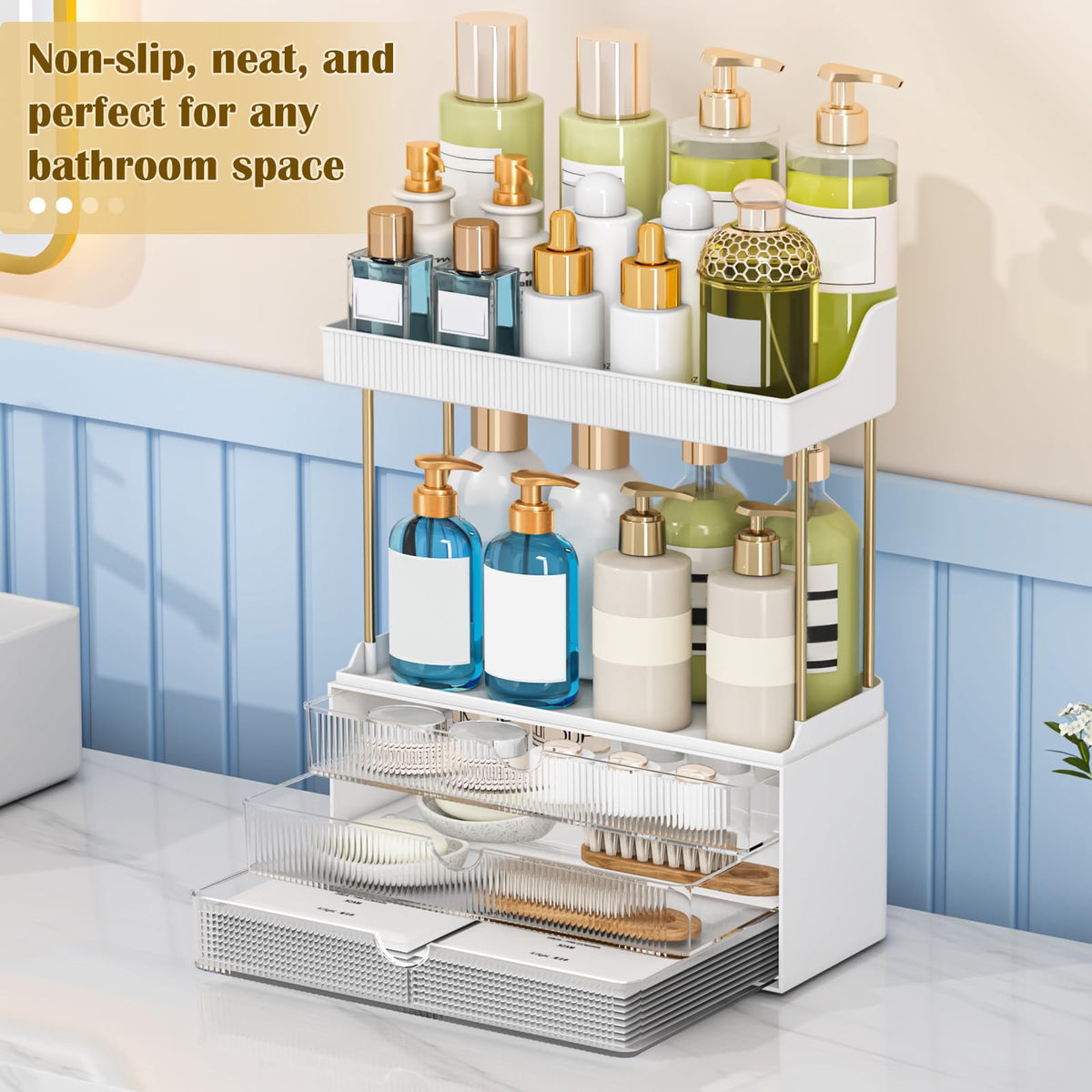 caktraie side profile displaying three drawers and two shelves for versatility