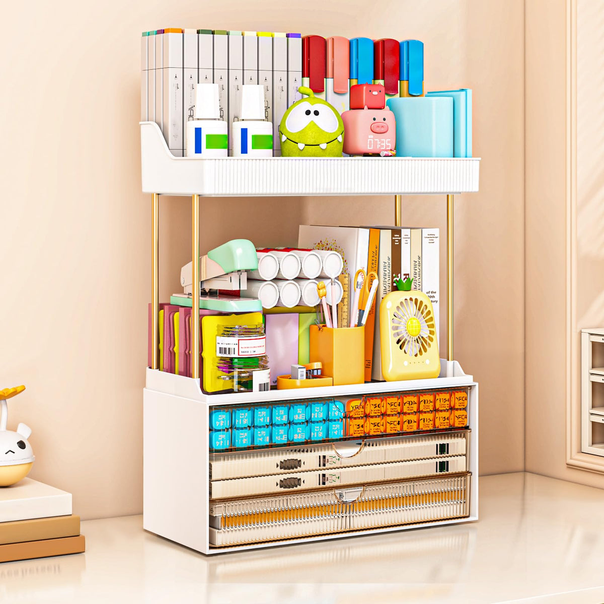 caktraie styled on a bathroom vanity adding elegant organization and water resistance