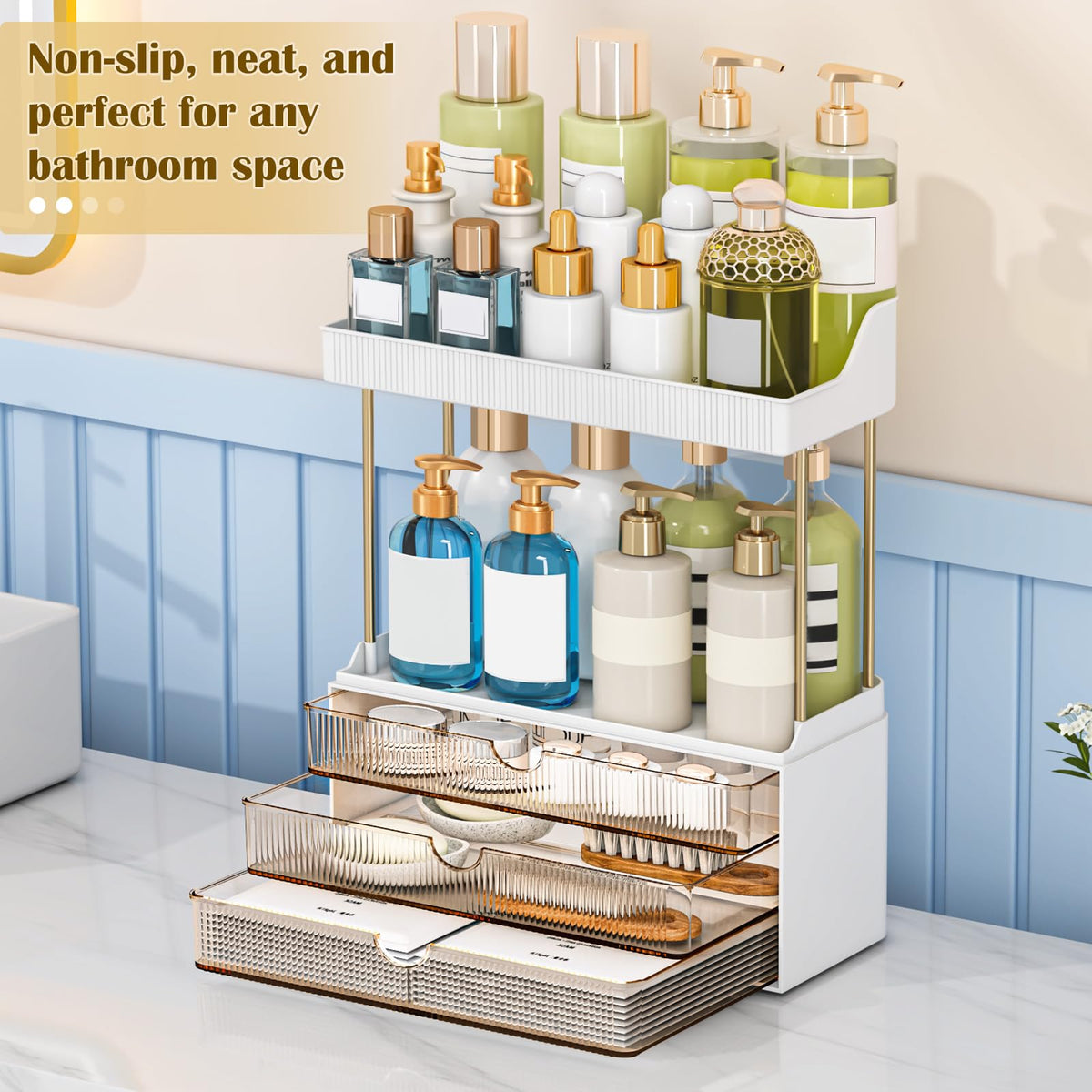caktraie top shelves holding perfumes and lotions for quick-access convenience