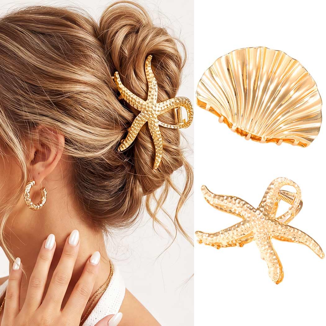 CAKURE front view of gold starfish and seashell clips, stylish beach look
