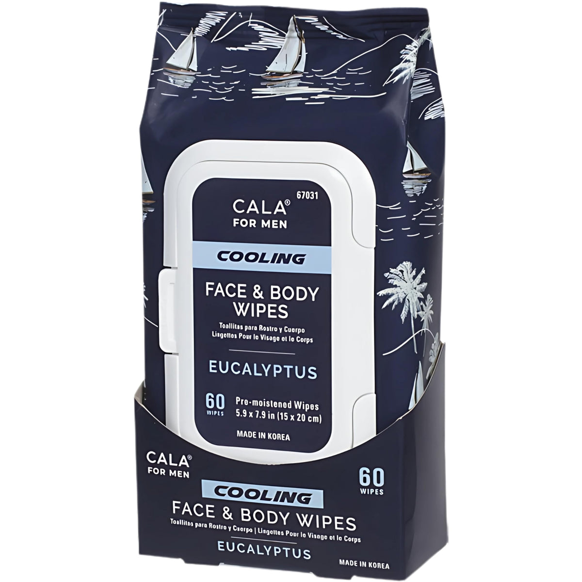CALA front pack showing 60-sheet resealable wipes and cooling eucalyptus benefit