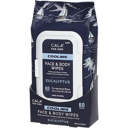 CALA front pack showing 60-sheet resealable wipes and cooling eucalyptus benefit