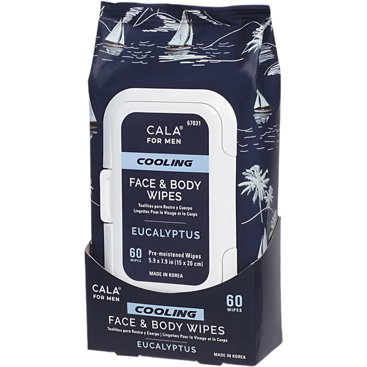 CALA front pack showing 60-sheet resealable wipes and cooling eucalyptus benefit