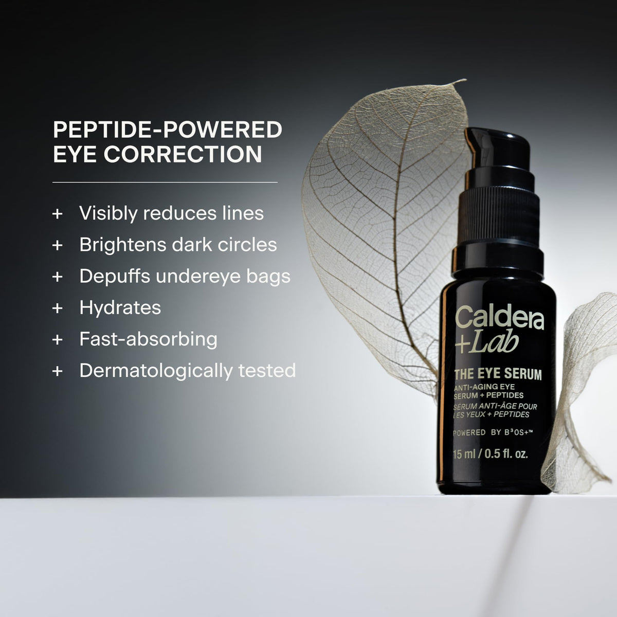 Caldera + Lab Eye Serum pipette close-up highlighting peptide-rich formula