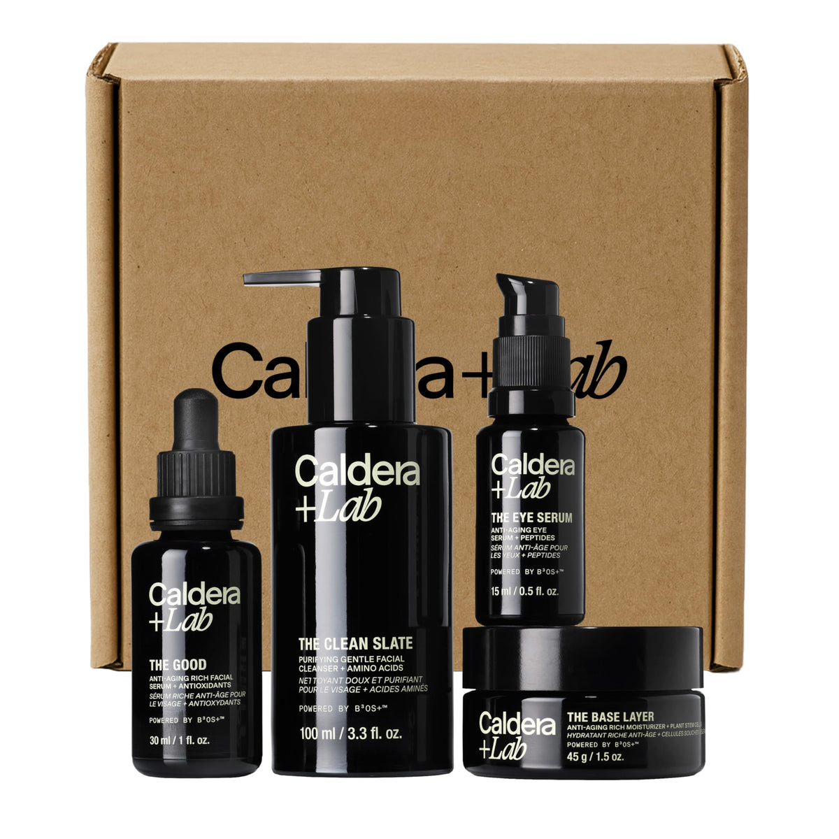 Caldera + Lab kit front packaging showing complete four-step system benefits