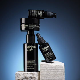 Caldera + Lab kit styled on bathroom shelf showing everyday grooming routine