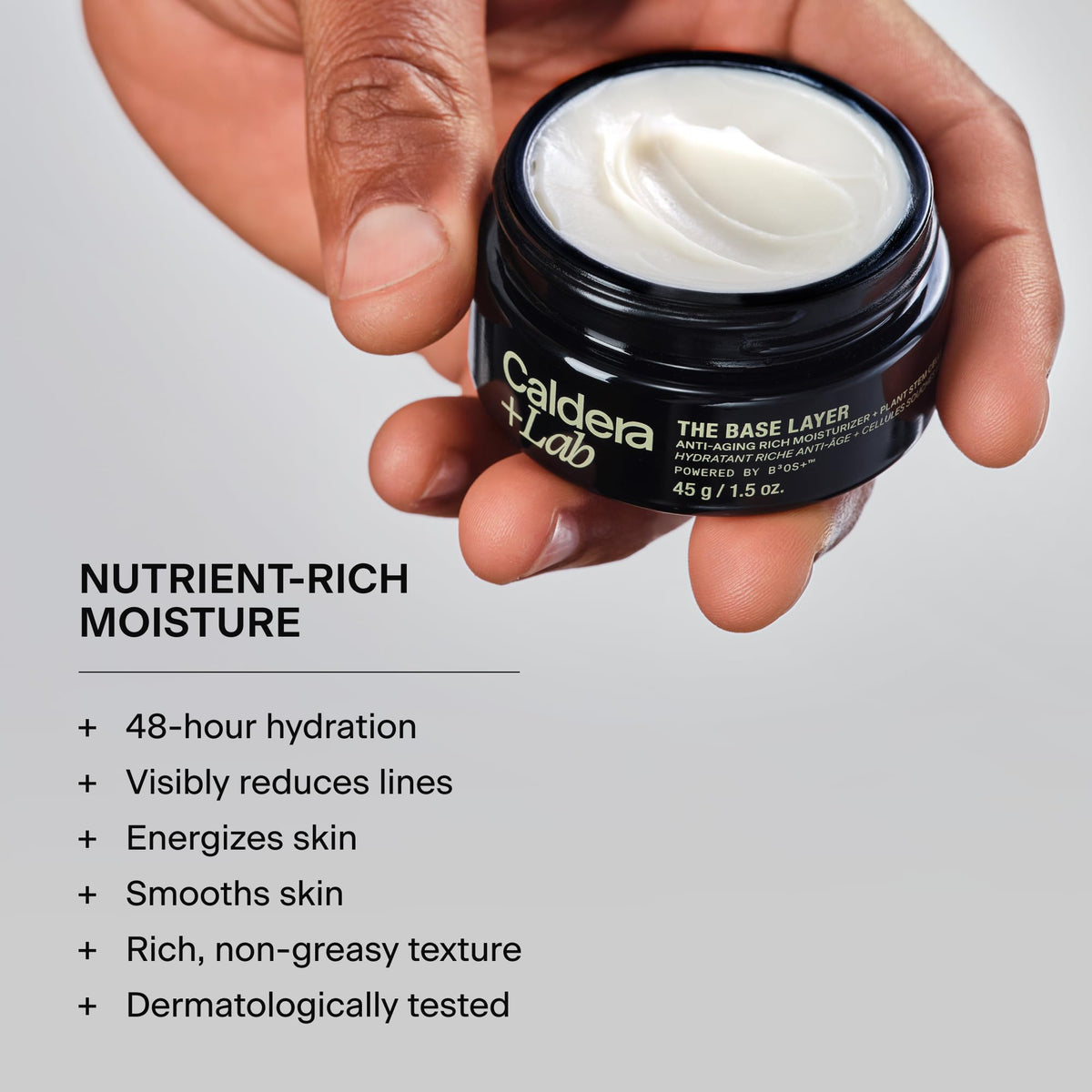 Caldera + Lab cream and serum swatches showing lightweight textures and absorption