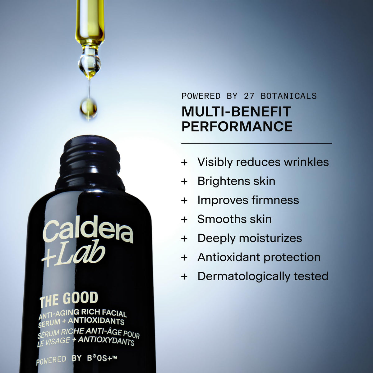Caldera + Lab The Good serum dropper dispensing for overnight firming benefits