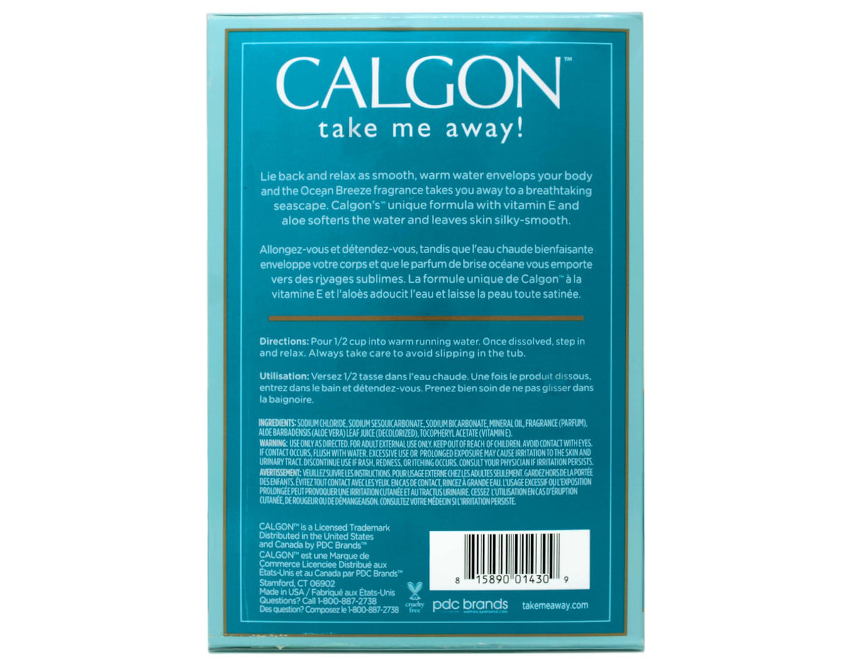 Calgon beads close-up texture highlighting moisturizing vitamin E infusion