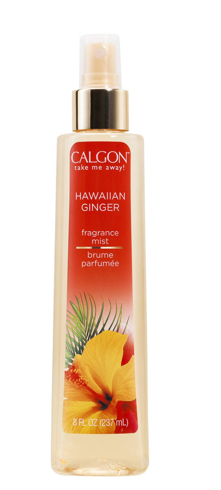 Calgon bottle front packaging showing Hawaiian Ginger and tropical design benefits freshness
