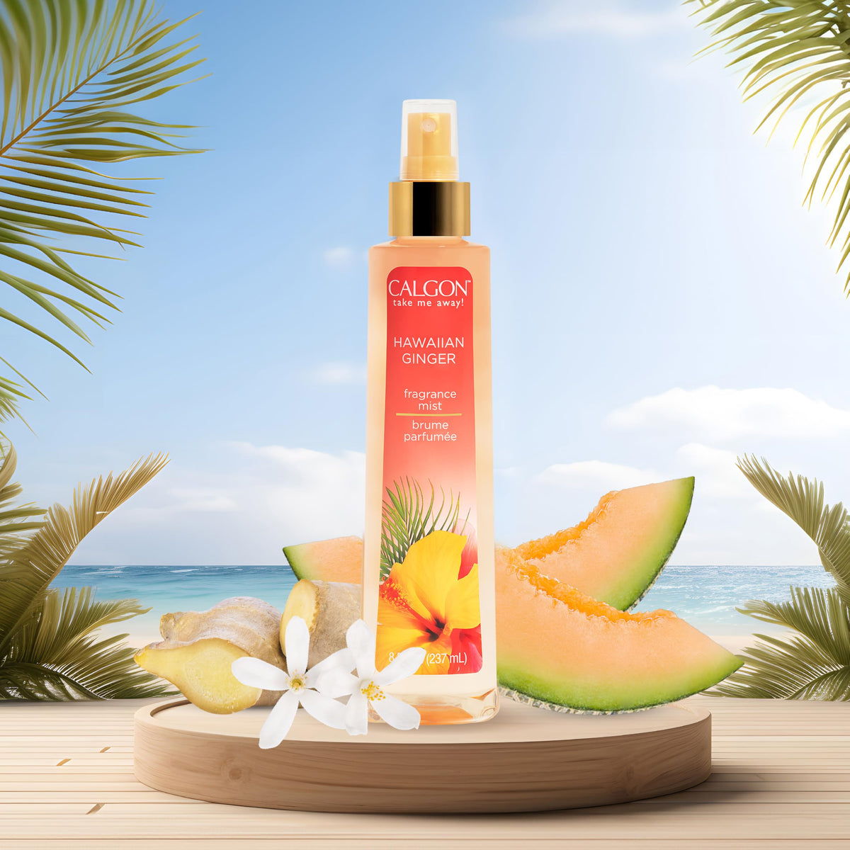 Calgon bottle on beach towel lifestyle image conveying vacation mood and uplift benefit