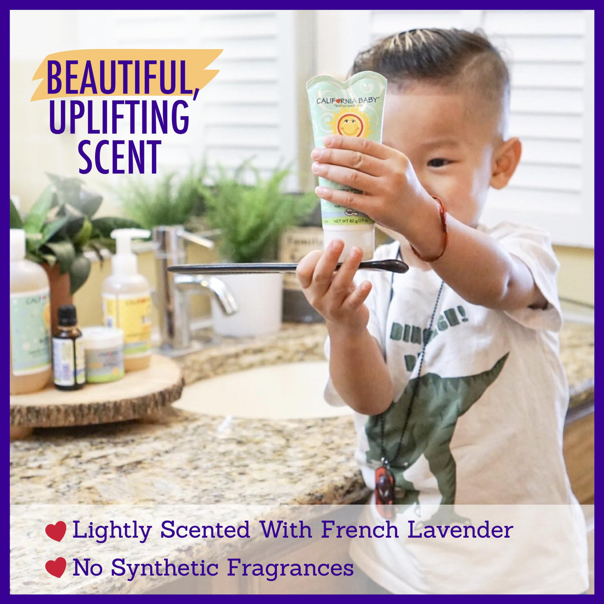 California Baby on bathroom counter illustrating easy everyday styling routine