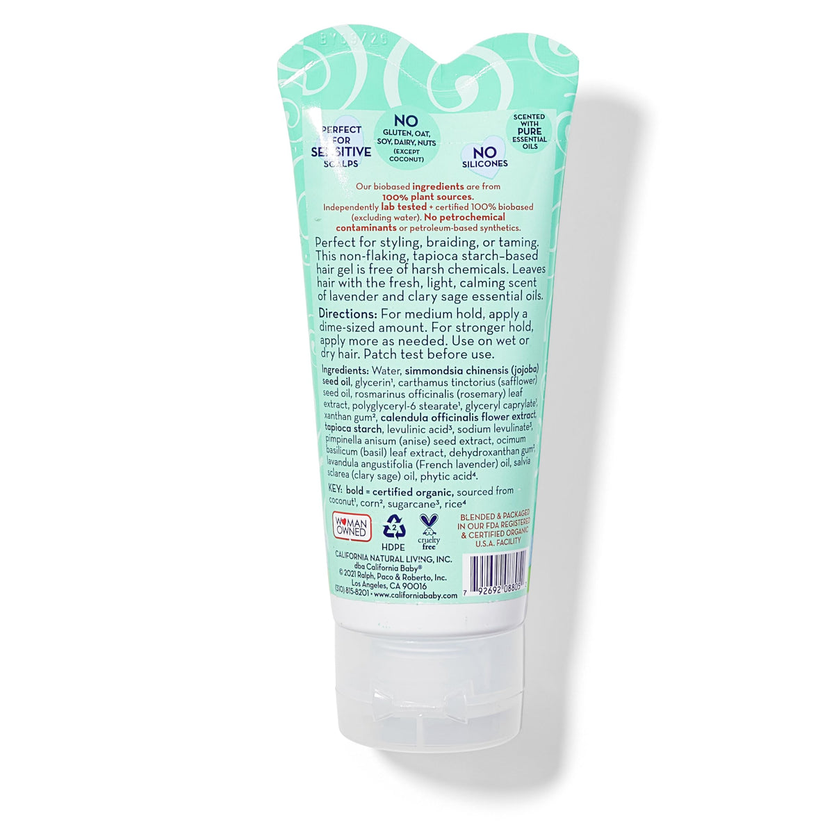California Baby tube close-up label showing plant-based, hypoallergenic benefit