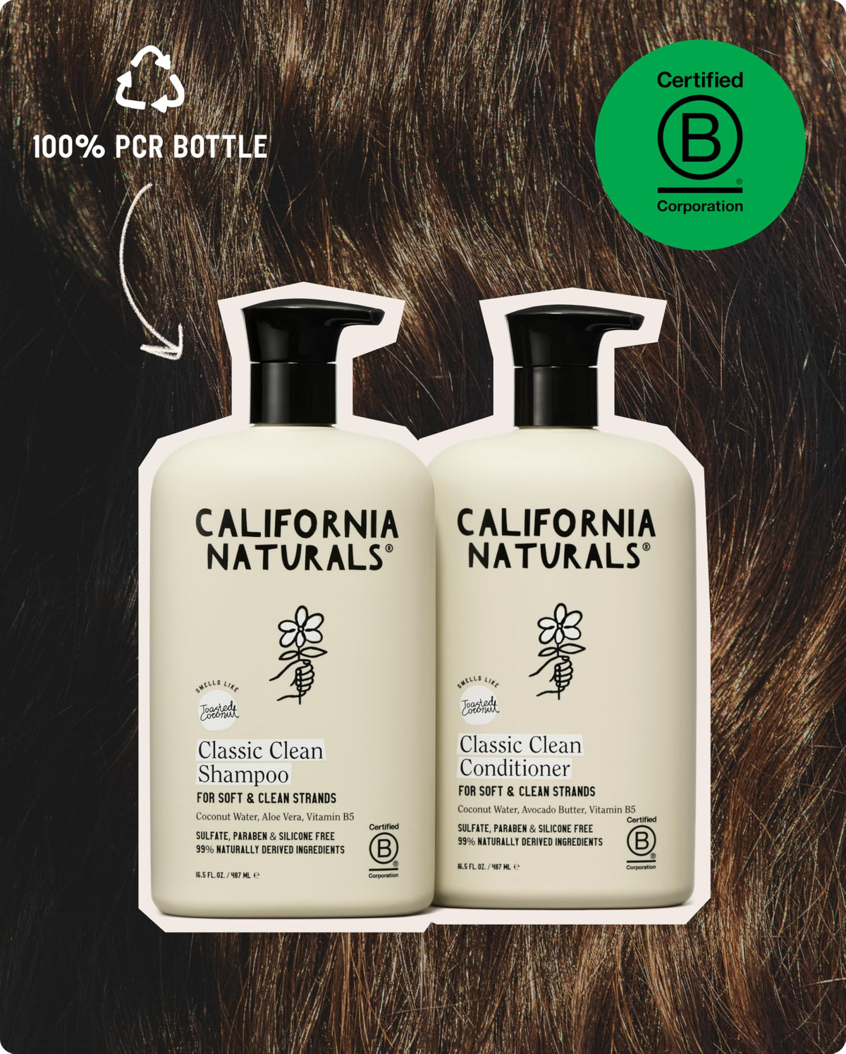 Smooth shiny hair after using California Naturals set showing improved manageability