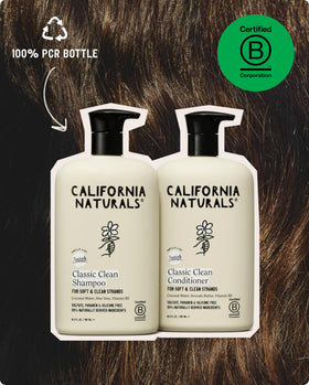 Smooth shiny hair after using California Naturals set showing improved manageability