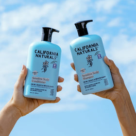 California Naturals set on bathroom shelf presenting clean routine and sustainable bottle