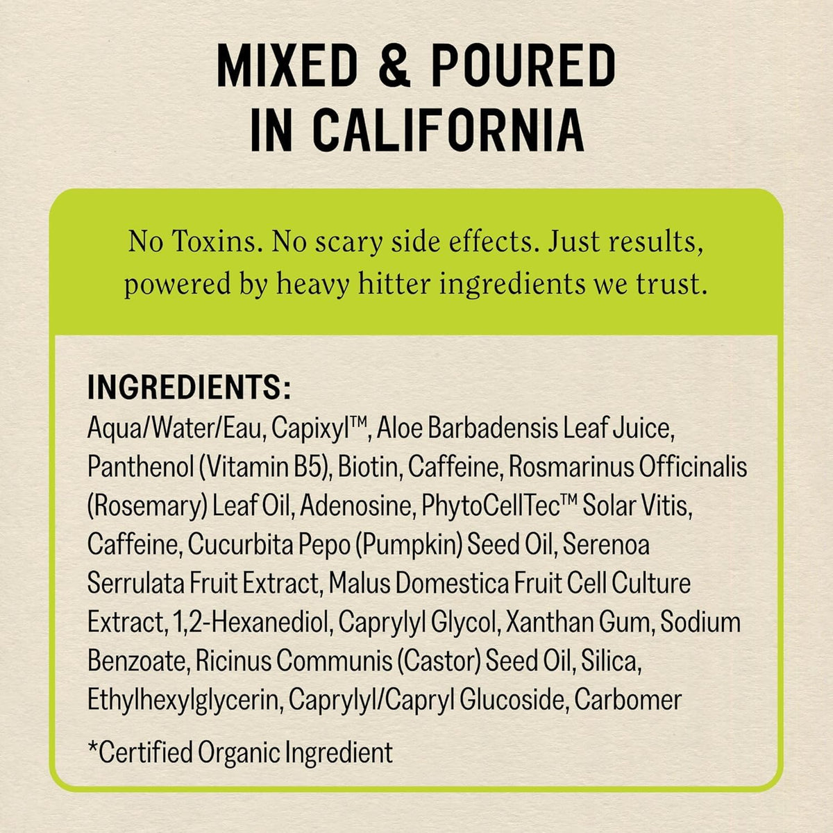 California Naturals Re:Gro label showing 5% Capixyl, vegan and cruelty-free certifications