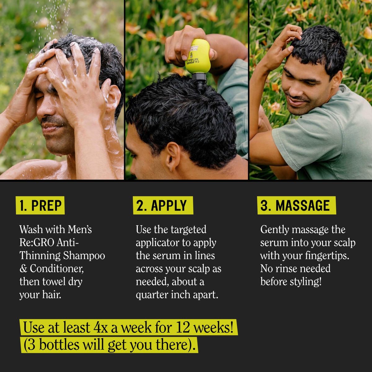 California Naturals Re:Gro being applied to scalp demonstrating targeted treatment