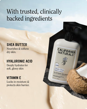 California Naturals lotion texture on hand demonstrating non-greasy fast-absorbing benefit