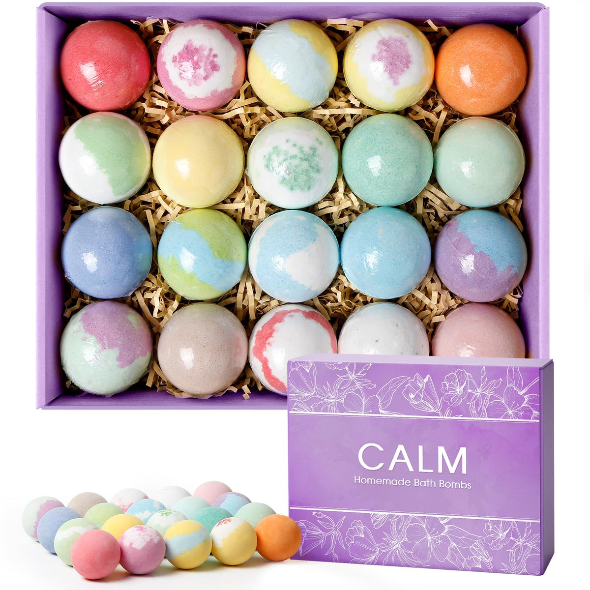 CalmNFiz front packaging showing 20 bath bombs and gift box benefits