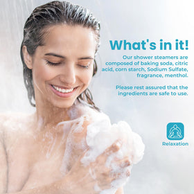 CalmNFiz tablet placed on shower shelf releasing steam for a spa-like benefit