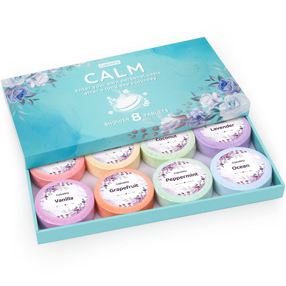 CalmNFiz front box showing eight-scent gift packaging and easy gifting benefit