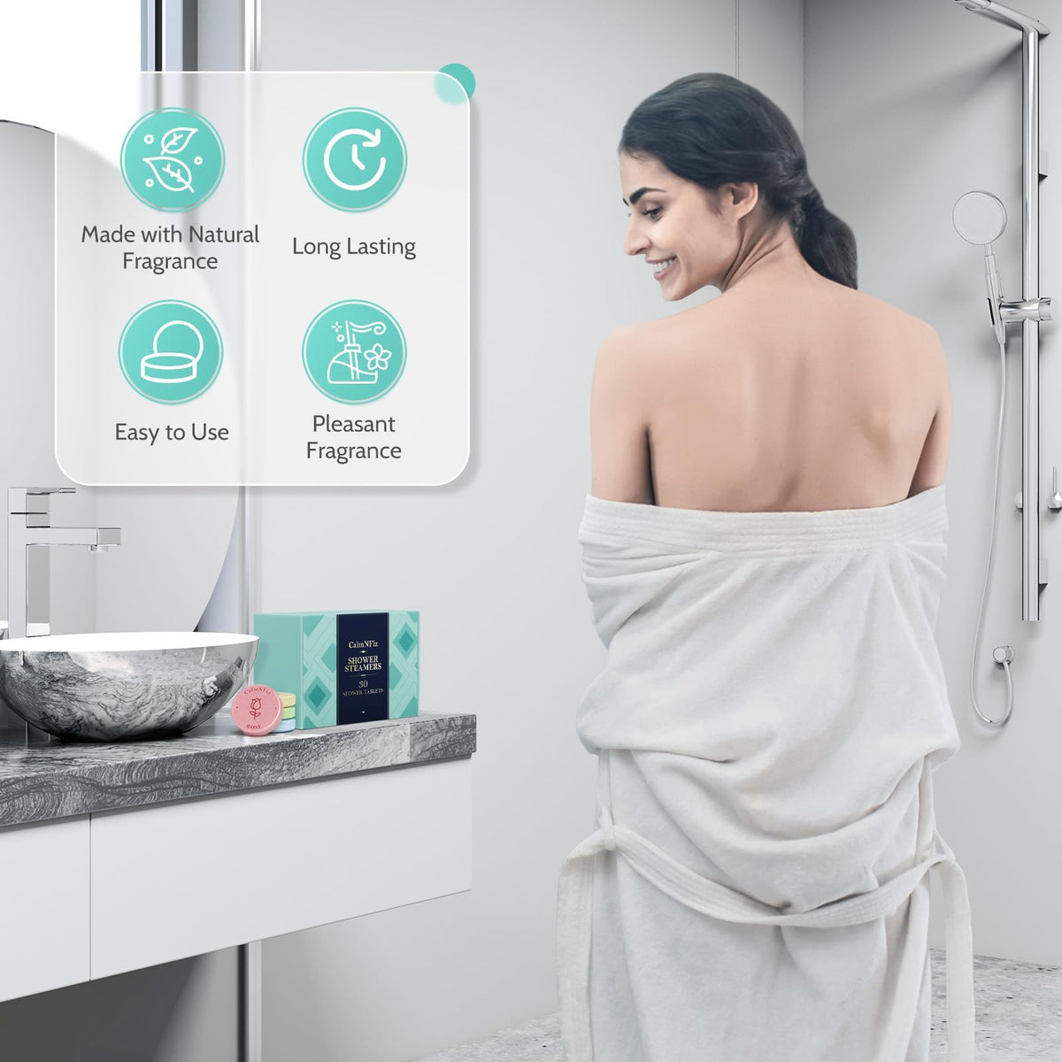 CalmNFiz tablet fizzing on shower floor releasing steam and fragrance