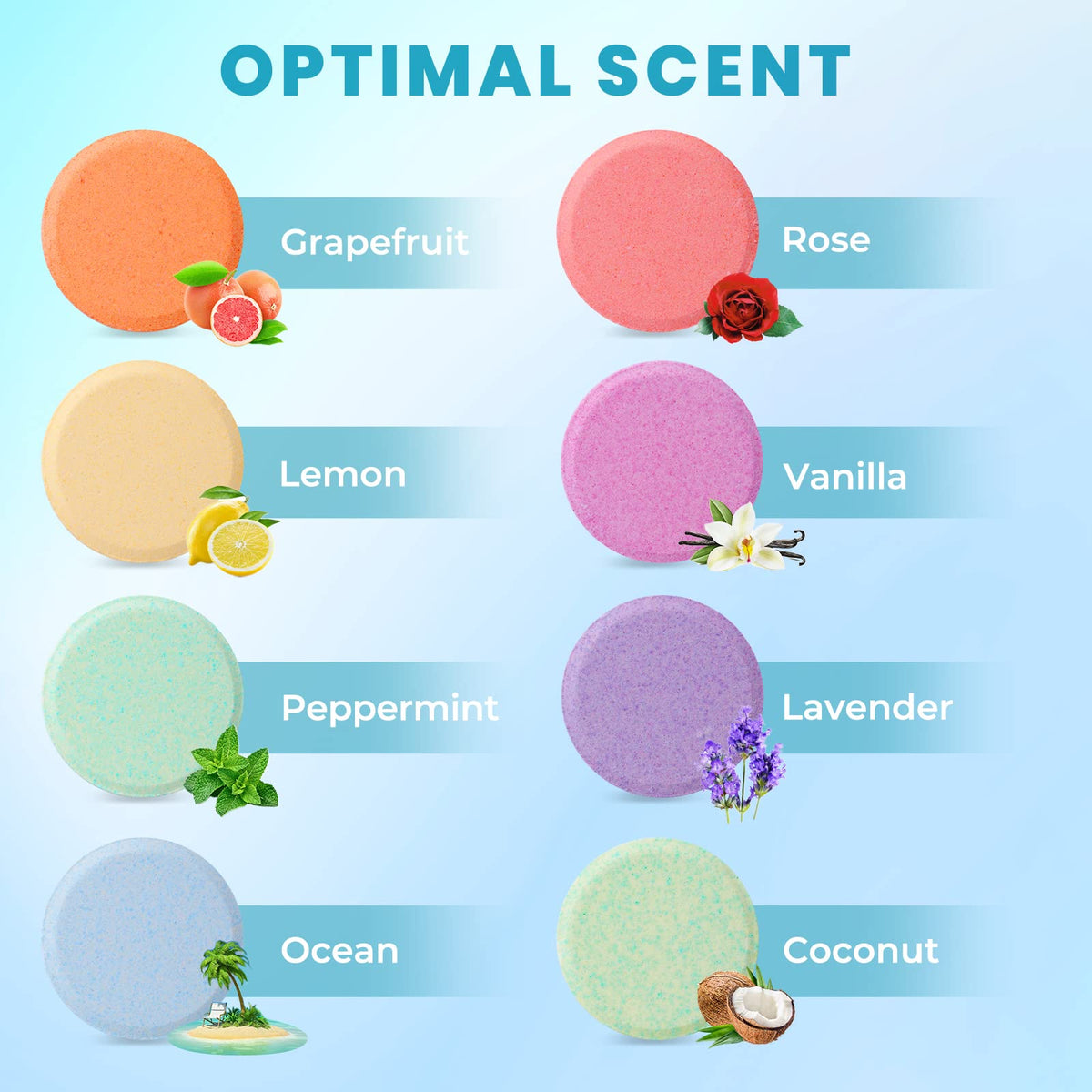 CalmNFiz eight tablets arranged to display variety enabling personalized scent choice