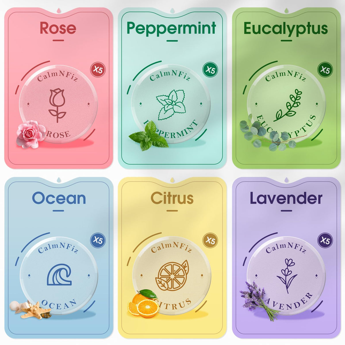 CalmNFiz colorful tablet arrangement showing six scents for easy selection