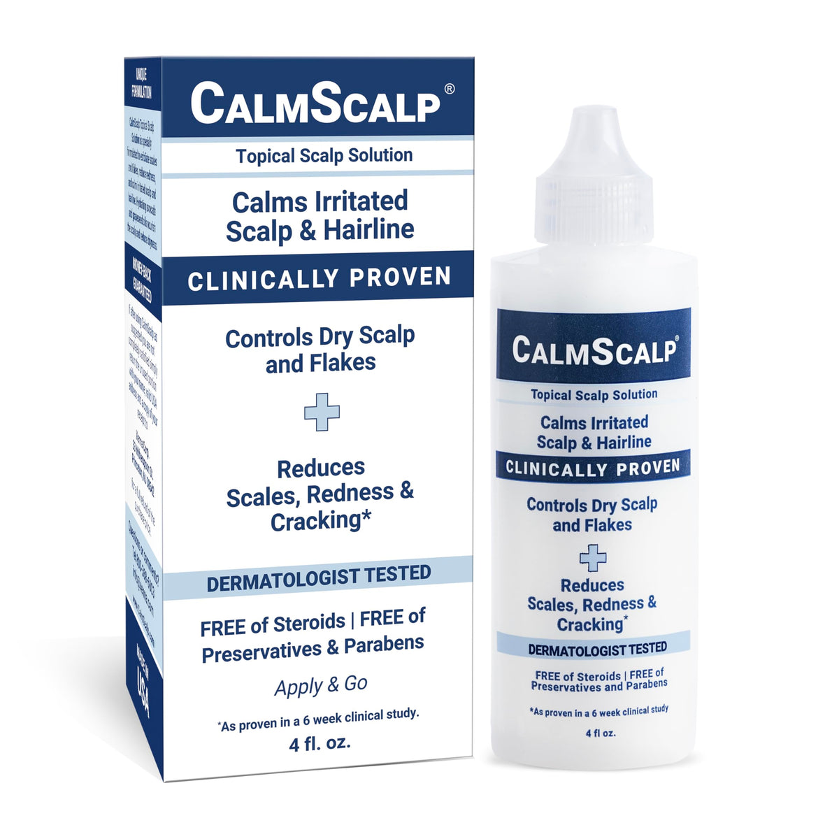 CalmScalp front packaging showing bottle and branding for fast relief