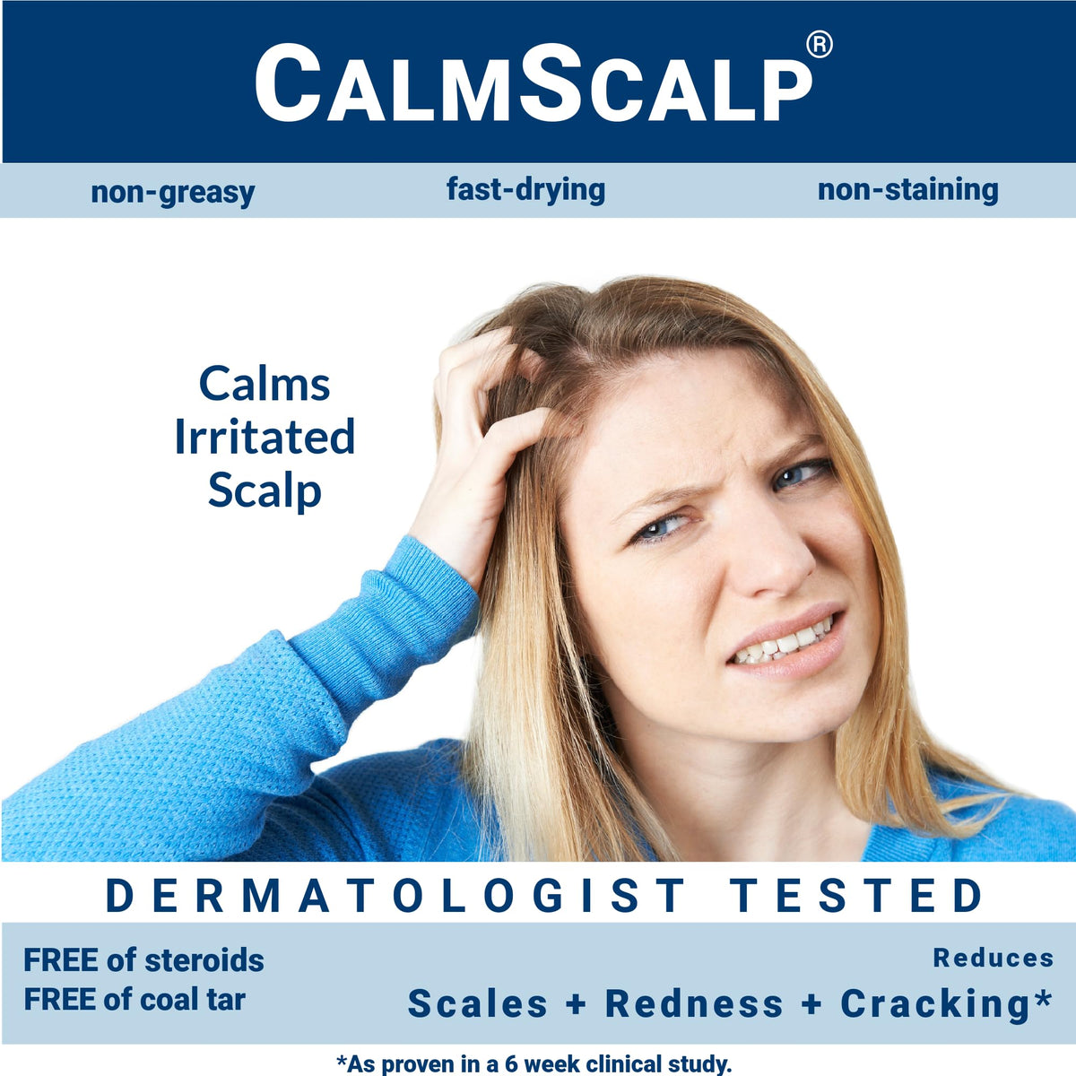CalmScalp quick absorption demo illustrating fast-drying, non-staining finish