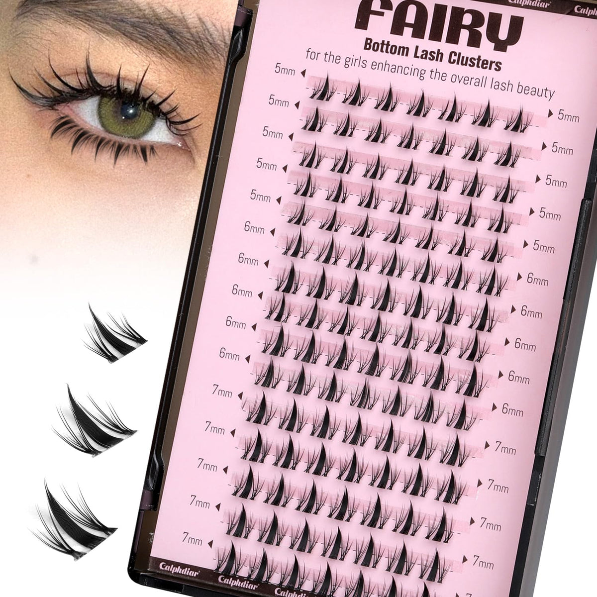 calphdiar front packaging displaying bottom lash clusters and clear band benefit