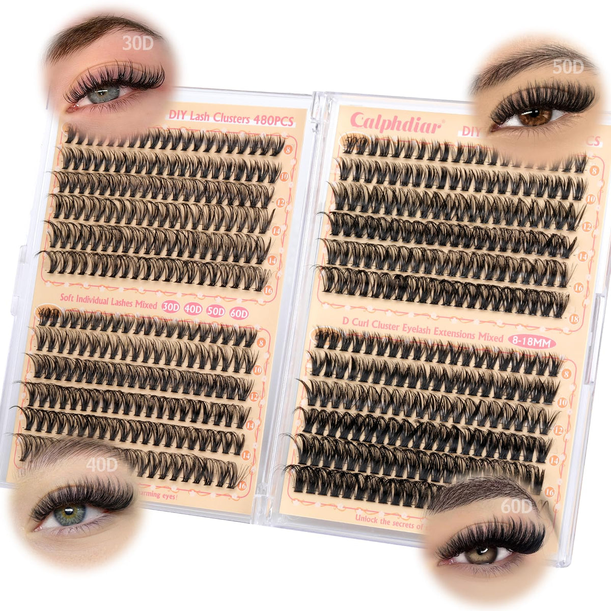 calphdiar front packaging showing 480pcs mixed cluster set and benefits