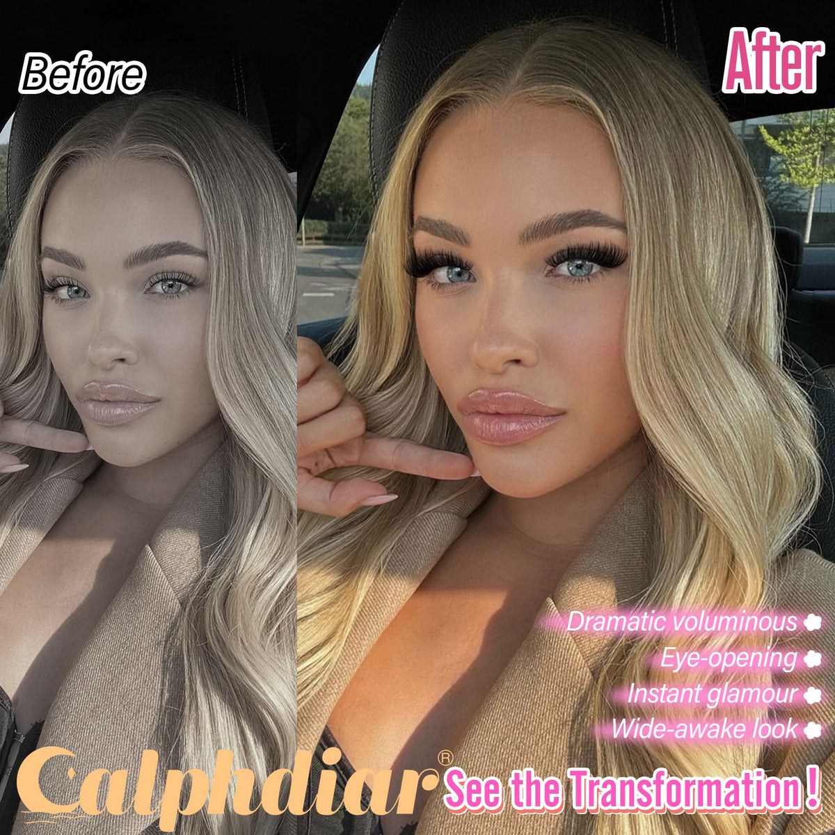 calphdiar worn on model to show natural-looking volume and eye-opening effect