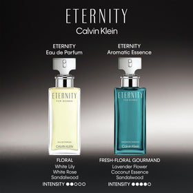 Calvin Klein Eternity held in hand for scale showing generous 3.3 fl oz size