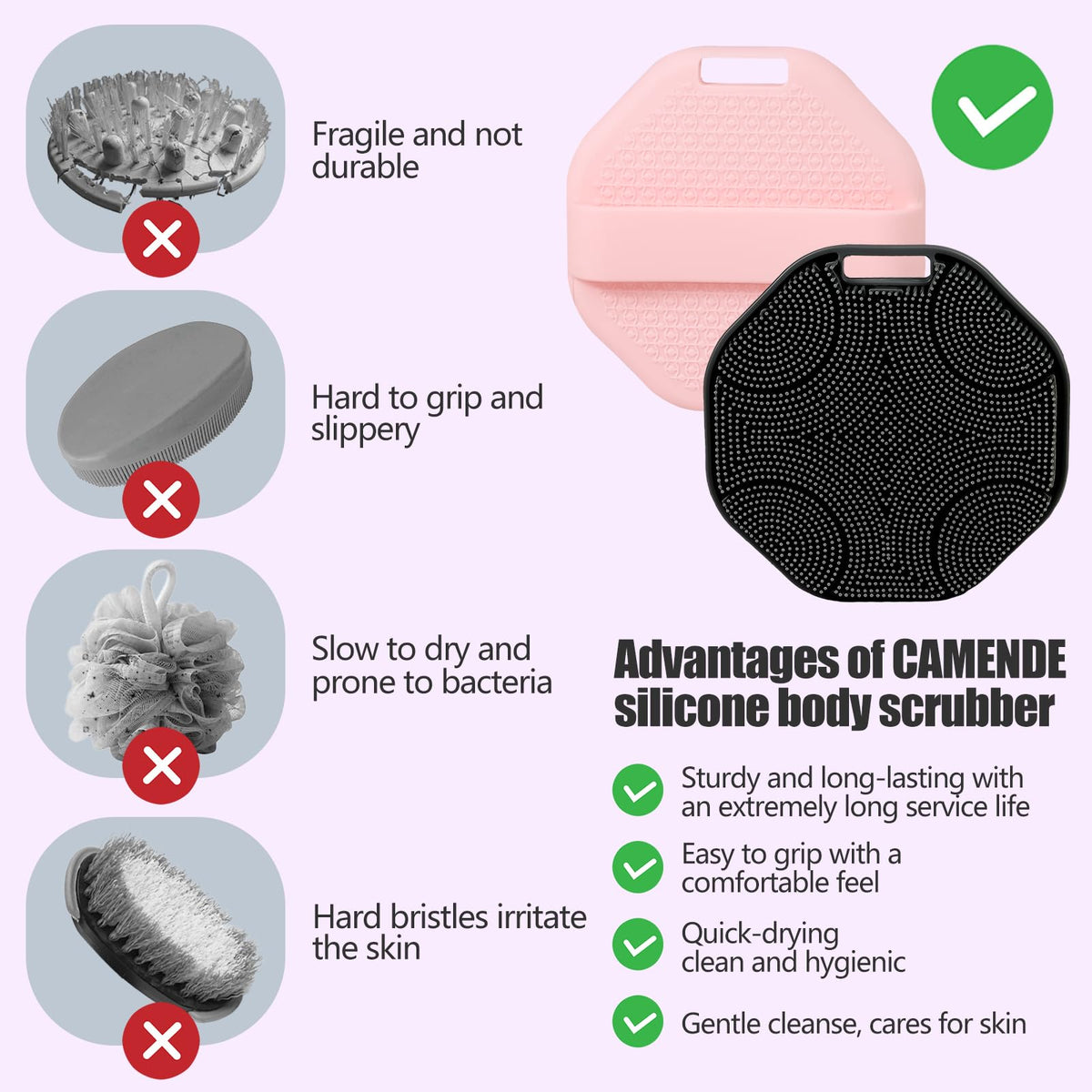 CAMENDE scrubber next to a hand showing true scale for easy size evaluation