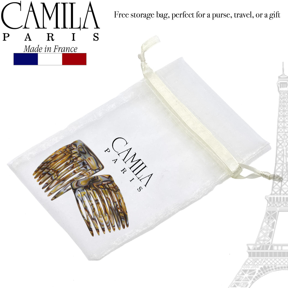 Camila hand holding comb to show lightweight feel and easy insertion benefit
