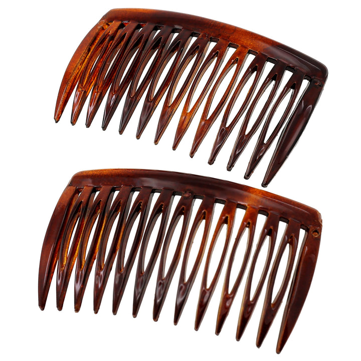 Camila Paris front view of two small curved tortoise side combs, elegant hold