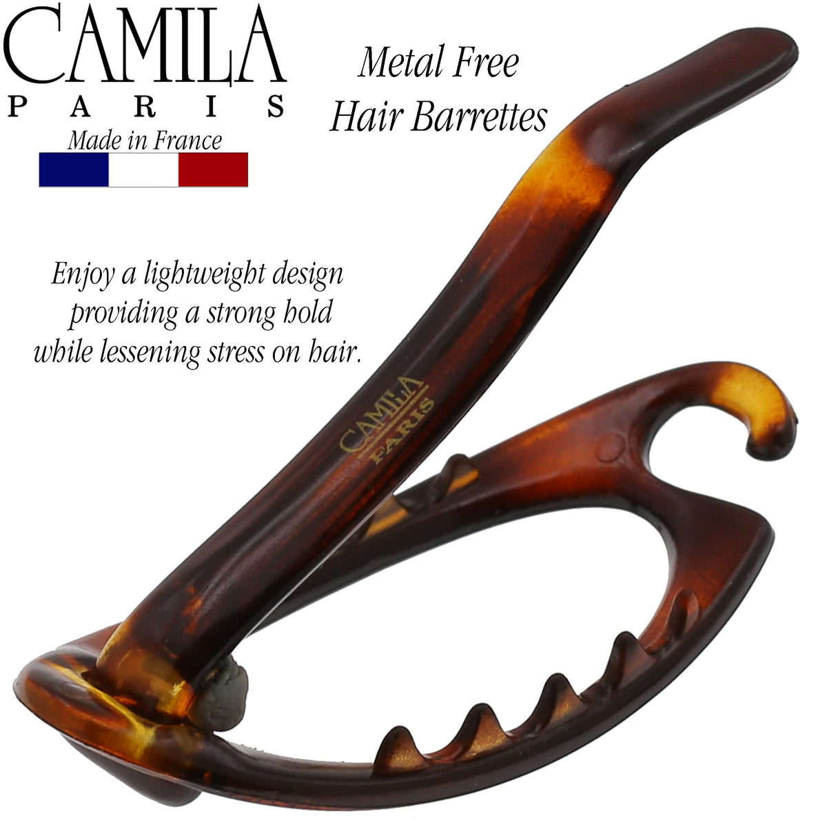 Camila Paris barrette holding a ponytail in use for quick, secure styling benefit