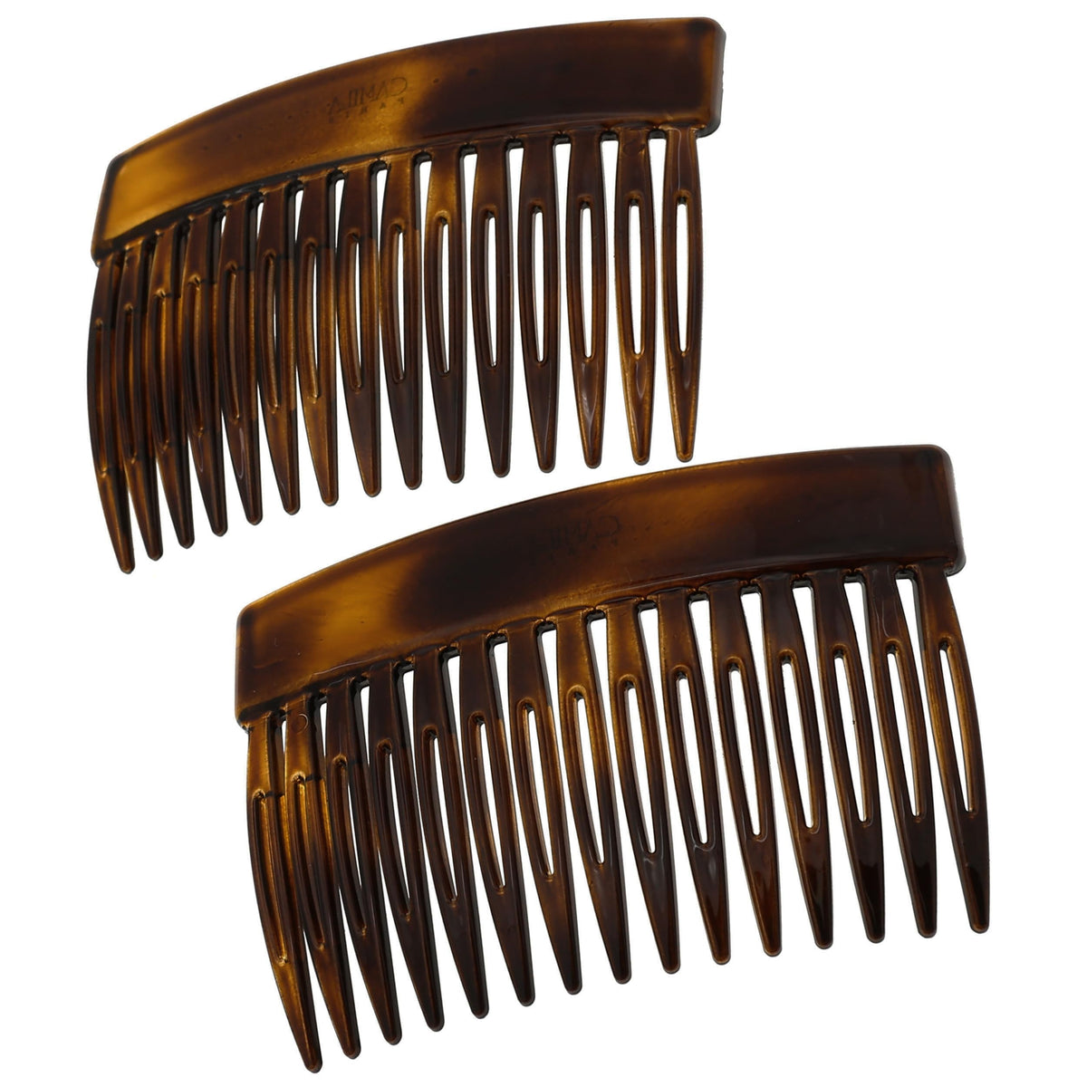 Camila Paris front view of small tortoise side comb showing shape and color for elegant styling