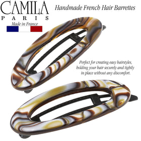 Camila Paris Onyx barrette worn in hair side profile offering no-slip style