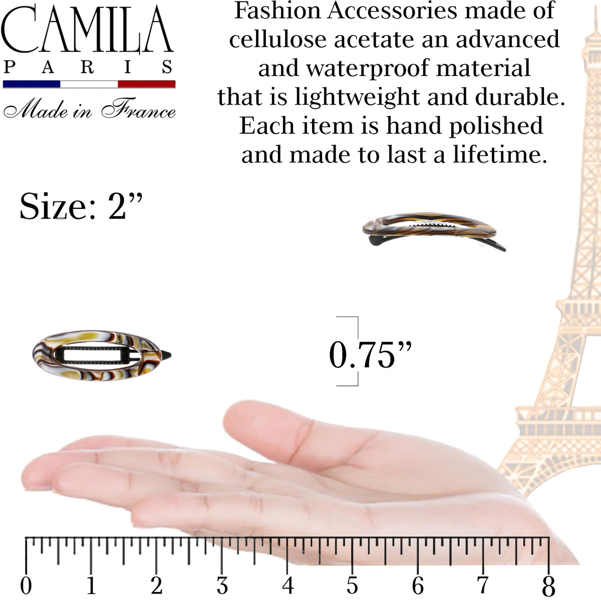 Detail of Camila Paris plastic locking clasp showing secure metal-free hold