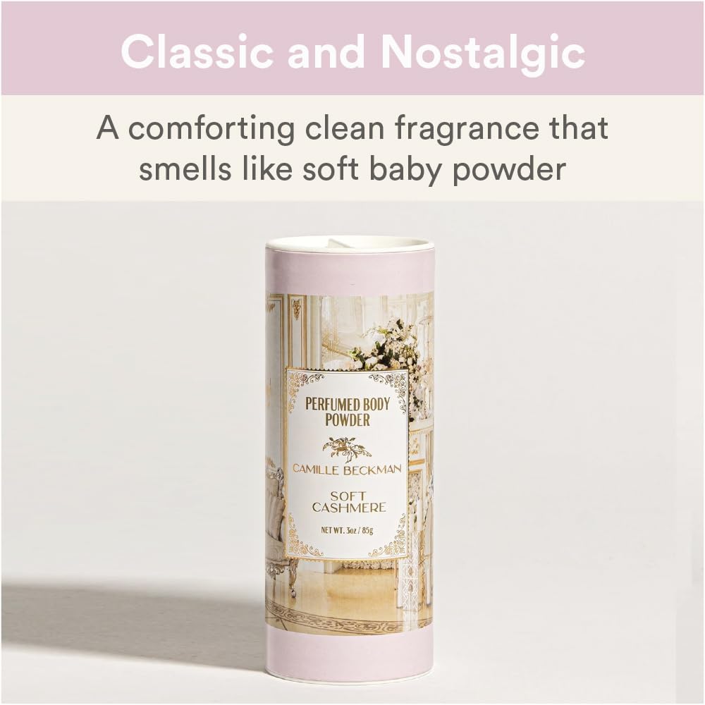 Camille Beckman open jar close-up of fine talc-free powder texture, smooth finish benefit