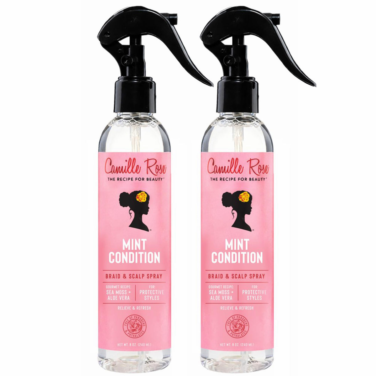 Camille Rose front packaging showing cooling braid and scalp spray benefits