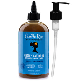 Camille Rose front packaging of shampoo with pump showing label and size, promotes easy dispensing