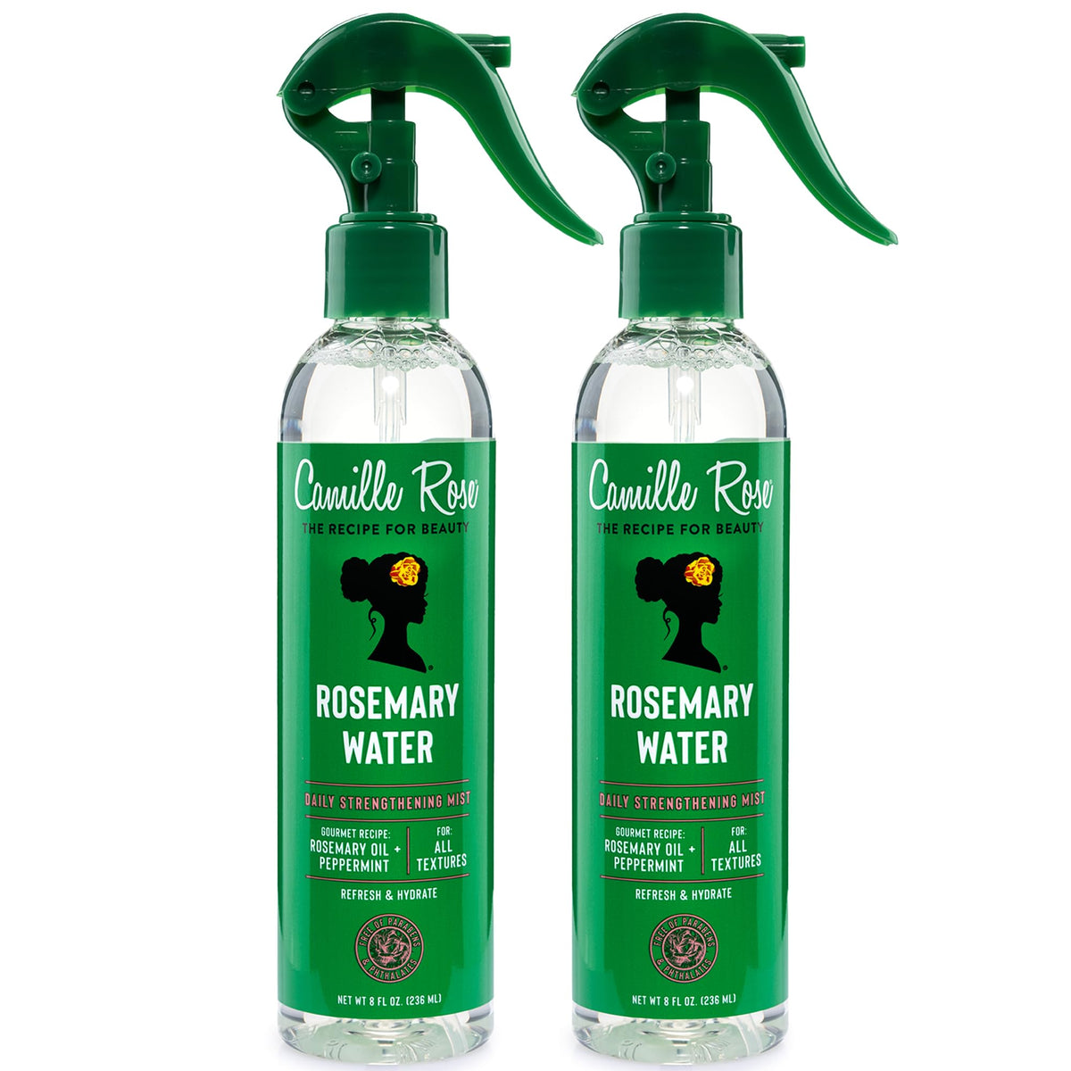 Camille Rose front packaging showing rosemary water 2-pack, convenient hydration