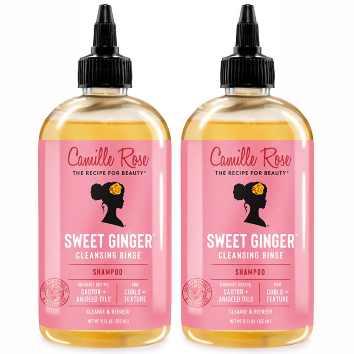 Camille Rose front packaging showing two 12 fl oz bottles and label, highlights product clarity